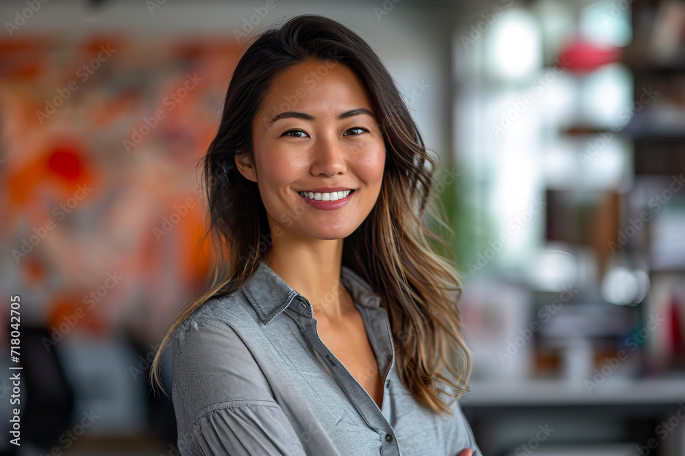 Portrait of a successful and sympathetic working asian woman in a high position in the office before an important business meeting. Portrait of a successful and sympathetic working asian woman in a high position in the office before an important business meeting.