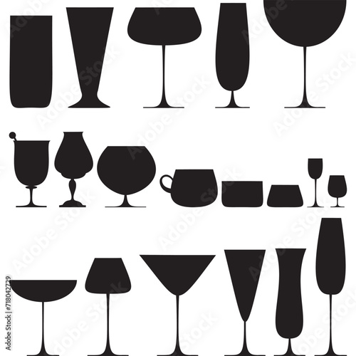 Collection of glasses silhouettes. Set of wine glasses icons isolated on white background. Set of empty wineglasses and glasses icons of different shapes with no filling. Vector illustration.