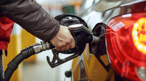 Refuel the cars with a fuel pump. The driver of the hand, refuels and pumps the car's gasoline with fuel at the gas station. Refueling the car at the gas station photo