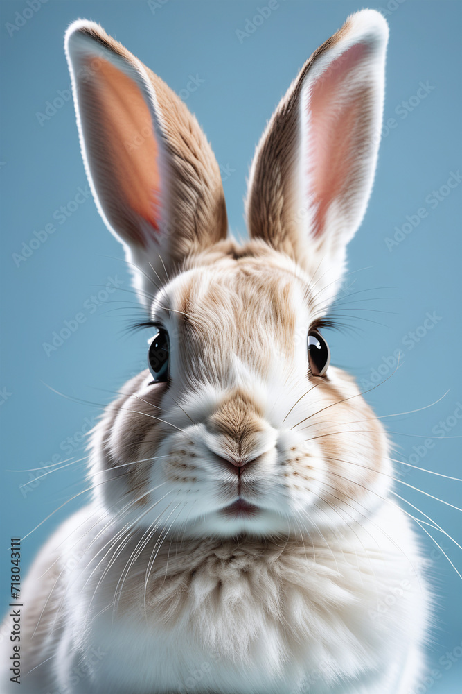 Portrait of a little rabbit Easter on light blue background. Easter holiday concept. Happy Easter!