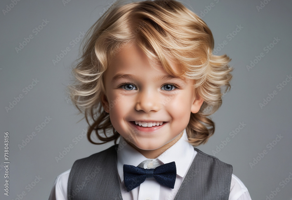 Portrait of cute little model boy looking at camera. Closeup portrait of adorable laughing child isolated on light gray background Portrait of cute little model boy looking at camera. Closeup portrait of adorable laughing child isolated on light gray background