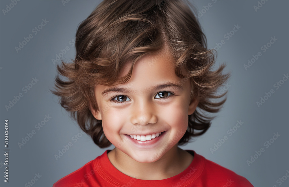 Portrait of cute little model boy looking at camera. Closeup portrait of adorable laughing child isolated on light gray background Portrait of cute little model boy looking at camera. Closeup portrait of adorable laughing child isolated on light gray background