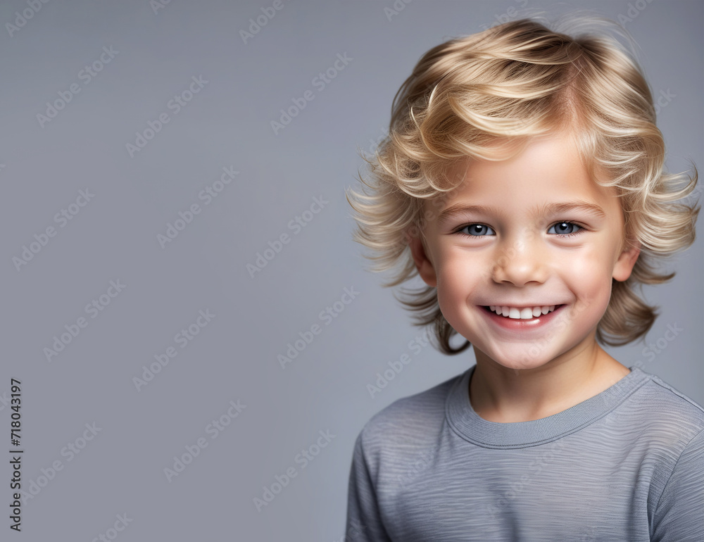 Portrait of cute little model boy looking at camera. Closeup portrait of adorable laughing child isolated on light gray background Portrait of cute little model boy looking at camera. Closeup portrait of adorable laughing child isolated on light gray background
