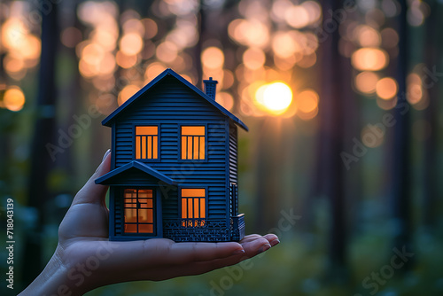 Hands holding house model, real estate concept 