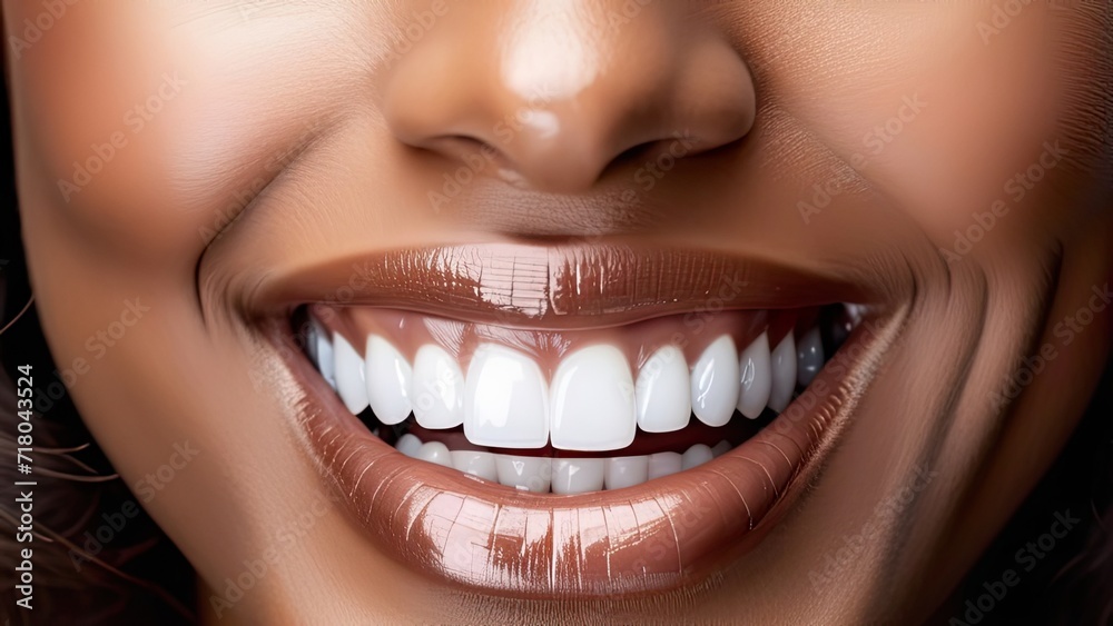 Fototapeta premium Beautiful african american woman face close up teeth smile happy positive
