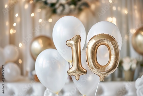 10. Hochzeitstag, 10. Hochzeitsjubiläum, Rosenhochzeit, "10" aus goldenen Heliumballons vor festlichem Hintergrund