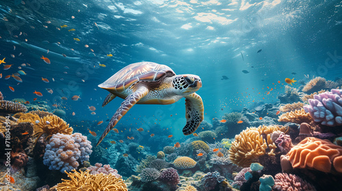 Fotografija Sea turtles are swimming underwater, there are corals and fish.