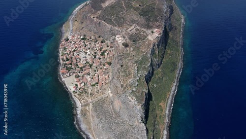 Drone shot of Monemvasia lower and upper towns, Southern Greece photo