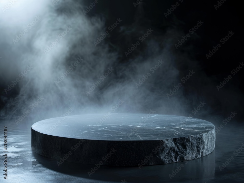 Flat minimalistic product display podium on the floor covered with liquid nitrogen with back lighting on dark background. AI generated photorealistic illustration of a marketing demo stage.