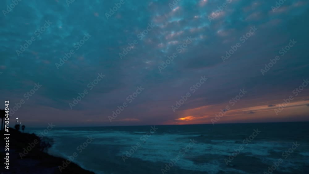 Beautiful sunset at the beach Time lapse. Hawaiian ocean tide, a tropical landscape, golden hour, orange horizon sky. cinematic surfing clouds. 4K static video, sunrise