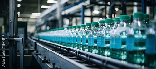 Fotografiet Water bottles on conveyor belt in a contemporary beverage production facility wi