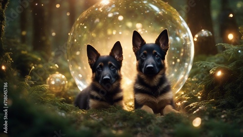 german shepherd dog highly intricately detailed photograph of Little German shepherd dog puppy in front of a warp bubble 