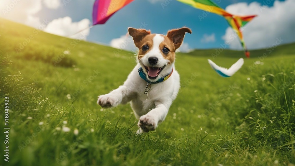 jack russell terrier running An exuberant Jack Russell puppy chasing after a colorful kite on a lush green hill,  