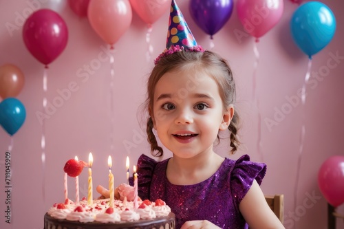 Happy birthday excited child girl celebrating and having fun at kids birthday party photo