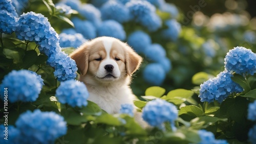 golden retriever puppy A content puppy with closed eyes and a gentle smile, surrounded by a halo of blue hydrangeas 