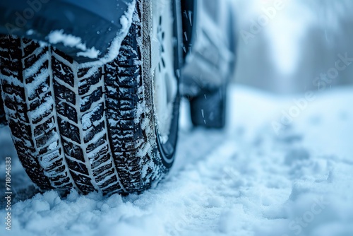 A close-up of an automobile tire on a winter road. Generative Ai.