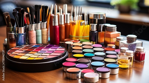 Professional makeup artist tools vibrant high quality products illuminated by studio lighting