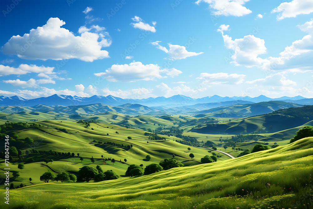 View of a Natural picturesque rural landscape and rolling hills under a blue sky