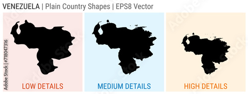 Venezuela - plain country shapes. Low, medium, and high detailed maps of Venezuela. EPS8 Vector illustration.