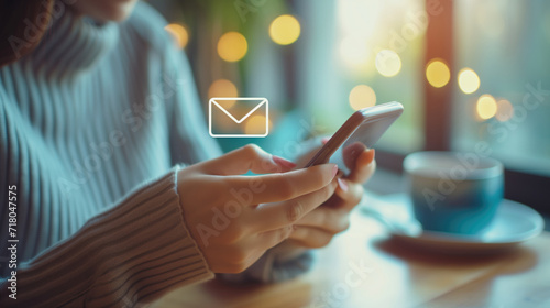 Woman hands using smartphone with new email alert sign icon pop up, Female using phone for check email for work or sending text SMS short message at home, Online communication concept, generative ai