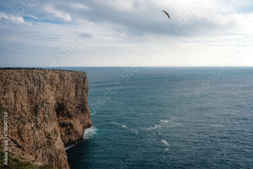 High angle view of cliffs and Atlantic ocean at Cabo De Sao Vincente, Portugal