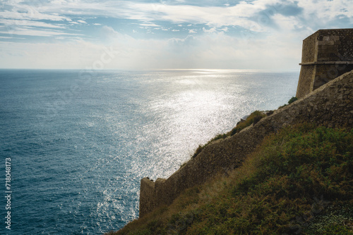 High angle view of cliffs and Atlantic ocean at Cabo De Sao Vincente, Portugal
