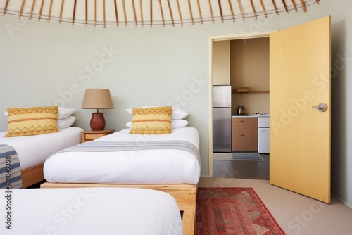 yurt guest room with twin beds and luggage space