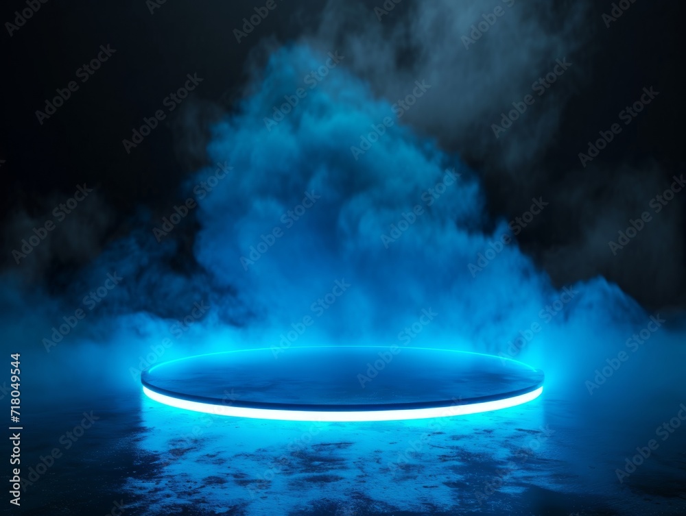 Flat minimalistic product display podium on the floor covered with liquid nitrogen with back lighting on dark background. AI generated photorealistic illustration of a marketing demo stage.