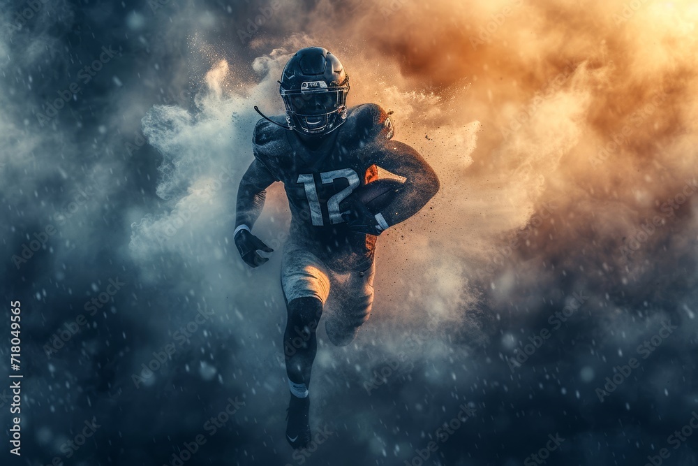 An electrifying shot of a digital football player sprinting through a thrilling outdoor landscape in a dynamic action-adventure game, brought to life through expert digital compositing and captivatin