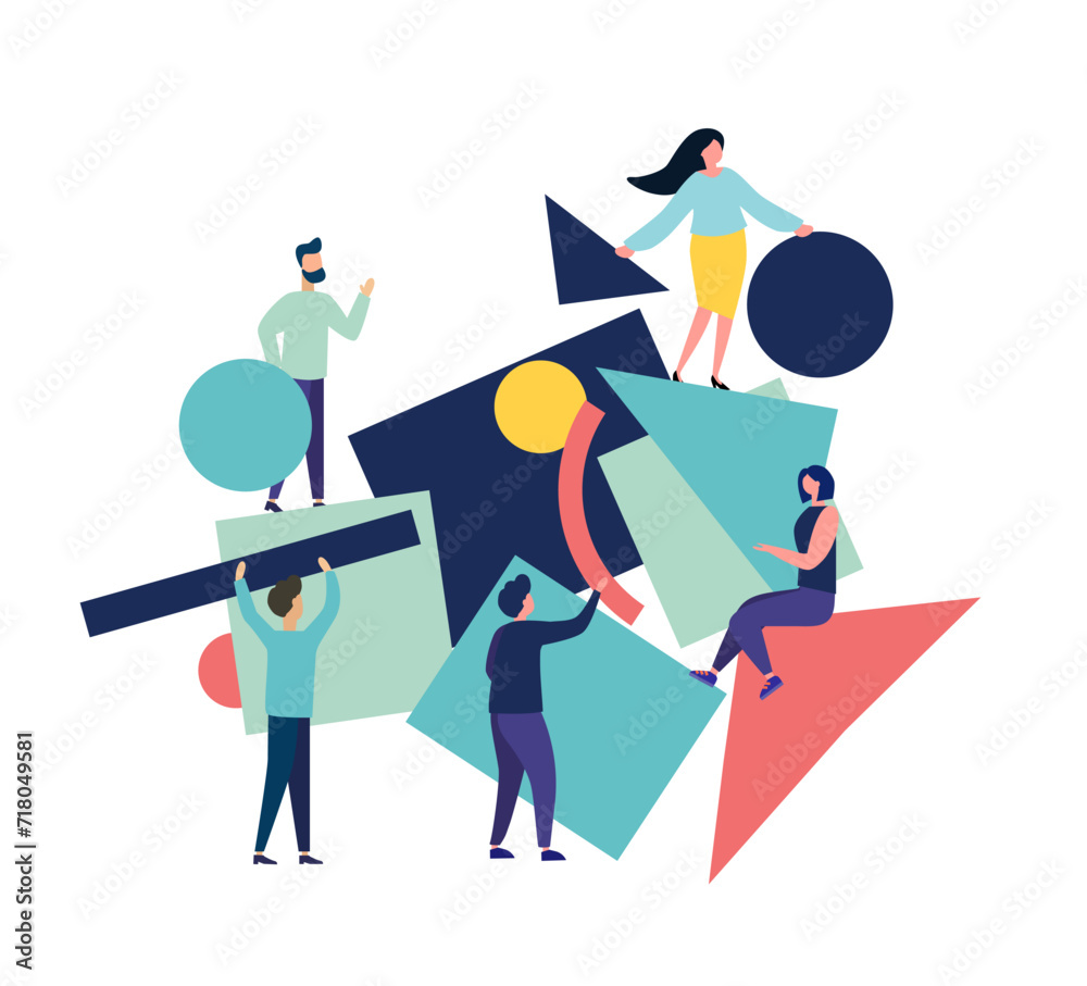 Vector illustration of flat people. Team of people collect abstract geometric puzzle. symbols collect geometric shapes. Flat style modern design vector illustration for web page, flyer, poster