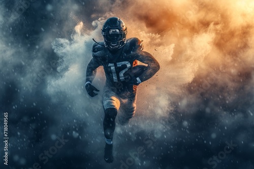 An electrifying shot of a digital football player sprinting through a thrilling outdoor landscape in a dynamic action-adventure game, brought to life through expert digital compositing and captivatin © Radomir Jovanovic