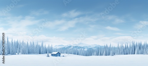 Wooden cabin in snowy forested mountain meadowserene winter scenery in a minimalistic style. © Ilja