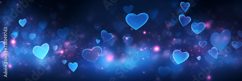 Beautiful background banner with blue hearts, lights, sparkles and bokeh. Valentine's Day. Panoramic web header with copy space. Wide screen wallpaper
