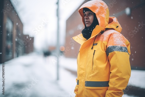 high visibility jacket in snowy weather