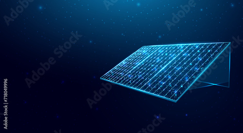 Solar battery, solar panel. Renewable alternative energy concept with glowing low poly panel on dark blue background. Wireframe low poly design. Abstract futuristic vector illustration