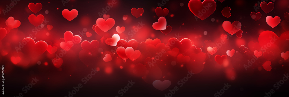 Beautiful background banner with red hearts, lights, sparkles and bokeh. Valentine's Day. Panoramic web header with copy space. Wide screen wallpaper