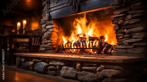 Close up of crackling firewood burning in a charming and cozy rustic fireplace with a warm glow