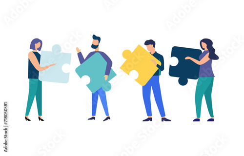 Business concept People connecting puzzle elements. Team metaphor. Vector illustration flat style Symbol of teamwork, cooperation, partnership. isolated background eps 10.