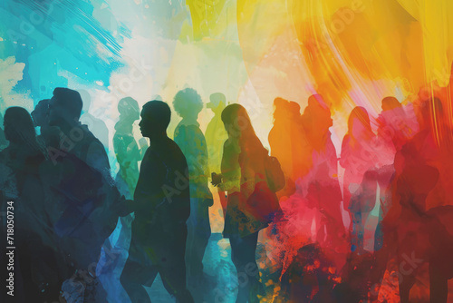 Double exposure silhouette activity crowd colorful watercolor style