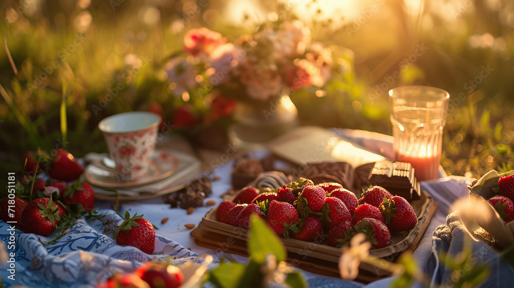 Romantic picnic with sweets, chocolate and strawberries on summer meadow sunset