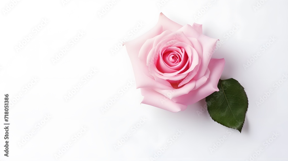 Decorative web banner. Close up of blooming pink roses flowers and petals isolated on white table background. Floral frame composition. Empty space, flat lay, top view Decorative web banner. Close up of blooming pink roses flowers and petals isolated on white table background. Floral frame composition. Empty space, flat lay, top view