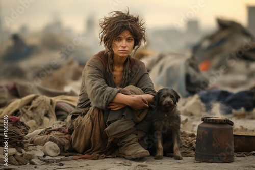 Homeless young woman in dirty clothes with her dog by her side amid mountains of garbage, drought, water shortage problem photo