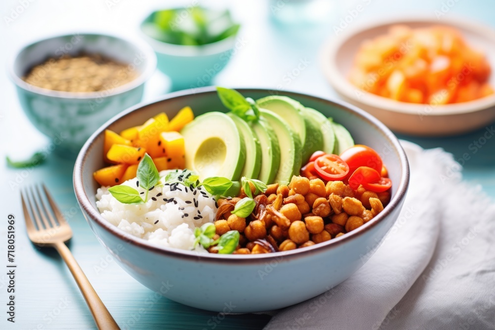 vegan buddha bowl with chickpeas, avocado, rice vegan buddha bowl with chickpeas, avocado, rice