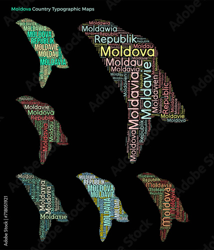 Moldova. Set of typography style country illustrations. Moldova map shape built of horizontal and vertical country names. Vector illustration.