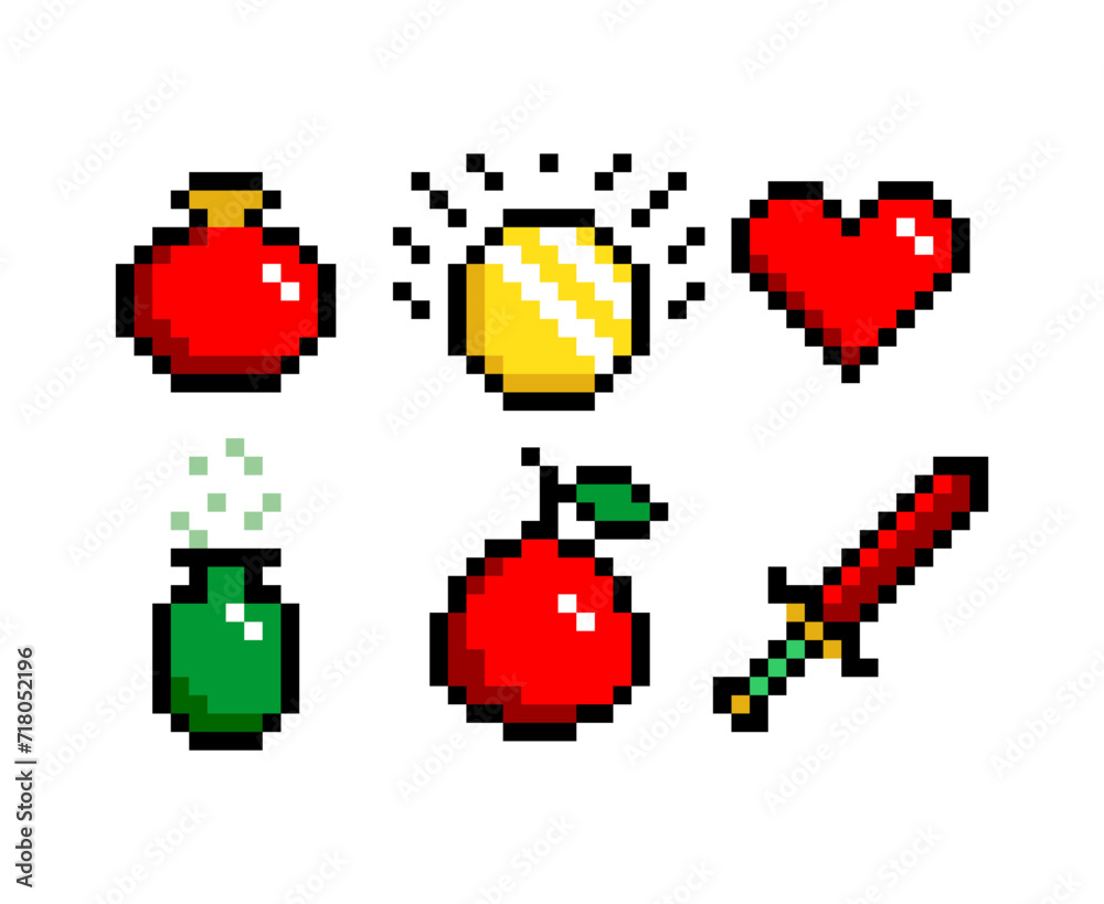 Fototapeta premium 8-bit pixel graphics icon set. potion, sword coin and heart. Game assets. Isolated vector illustration.
