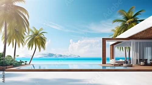 Tropical minimalistic mockup. Luxury panoramic view at exotic resort on turquoise seascape background. villas on beautiful beach on the ocean © Ziyan