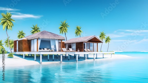 Tropical minimalistic mockup. Luxury panoramic view at exotic resort on turquoise seascape background. villas on beautiful beach on the ocean © Ziyan