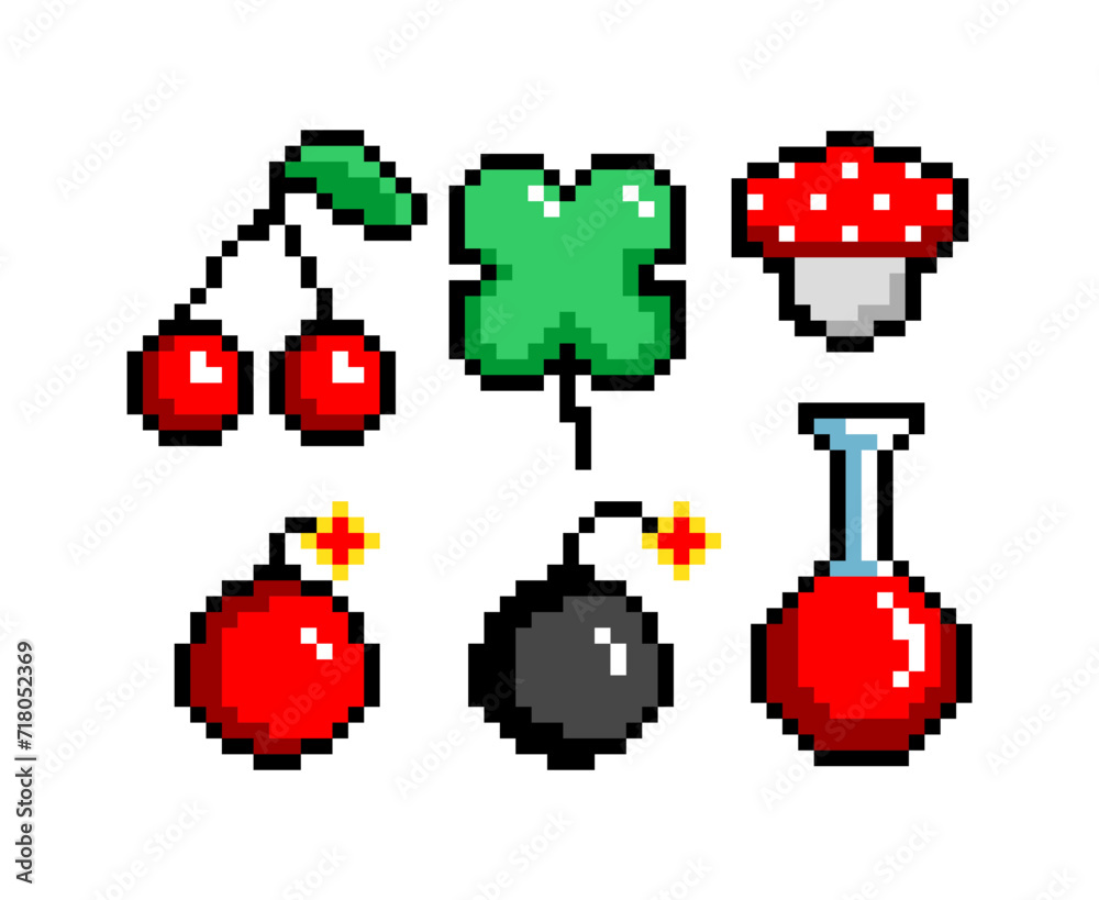 Poison 8 Bit 8-bit pixel graphics icon set. cherry clover potion bomb poisonous ...