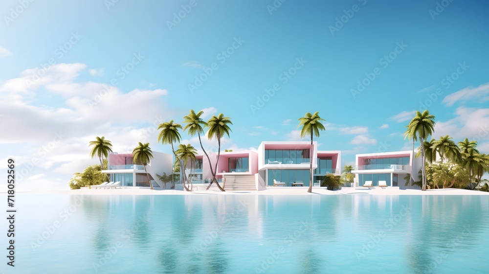 Tropical minimalistic mockup. Luxury panoramic view at exotic resort on turquoise seascape background. villas on beautiful beach on the ocean