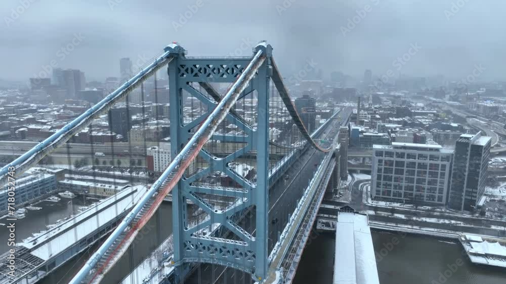 Aerial shot of the Benjamin Franklin Bridge on a snowy day. Downtown urban Philadelphia in winter.